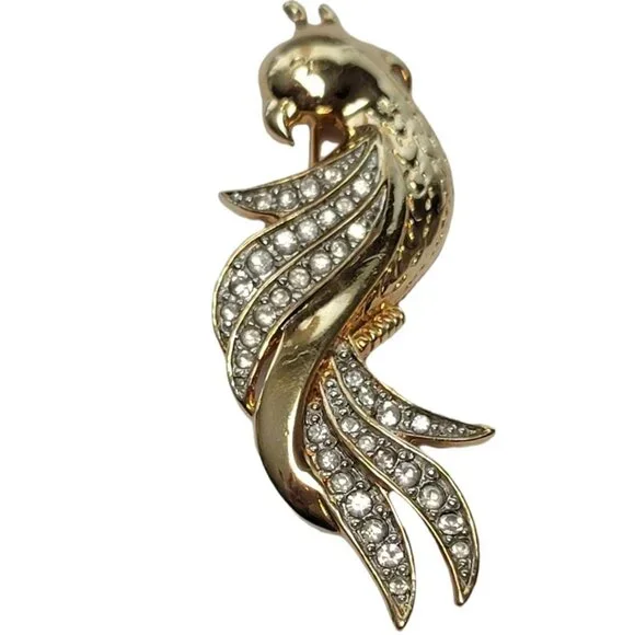 Van Dell Gold Tone Clear Rhinestone Parrot Bird Brooch, Signed